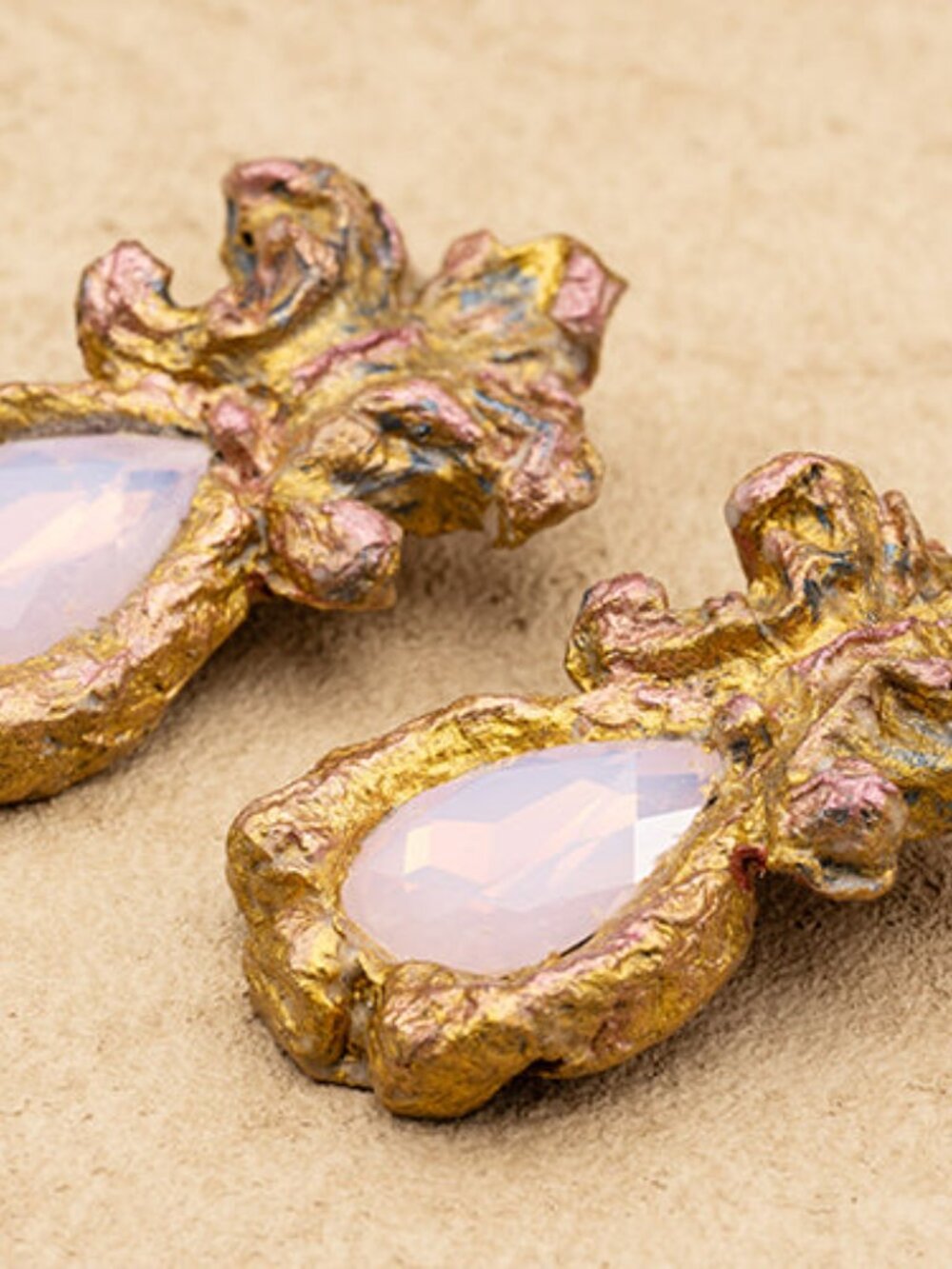 Handmade Papier-Mâché Gold Leaf Crown Drop Earrings, Pink Opal Color - Picture 2 of 2